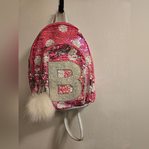 Justice Girls Mini Backpack Flip Sequin with Initial B, Pink & White Pom Pom - Picture 8 of 10